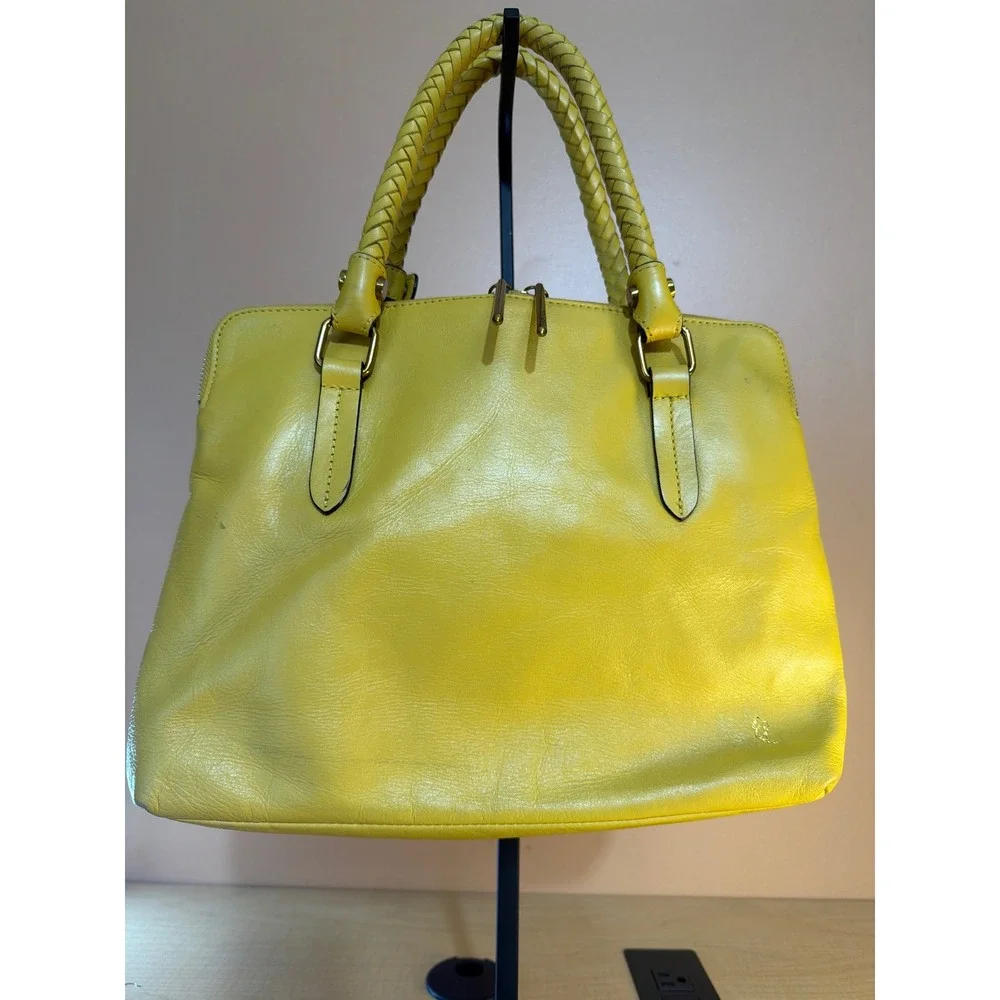 Elliott‎ Lucca Yellow Leather Satchel Bag Braided Handles Triple Compartment